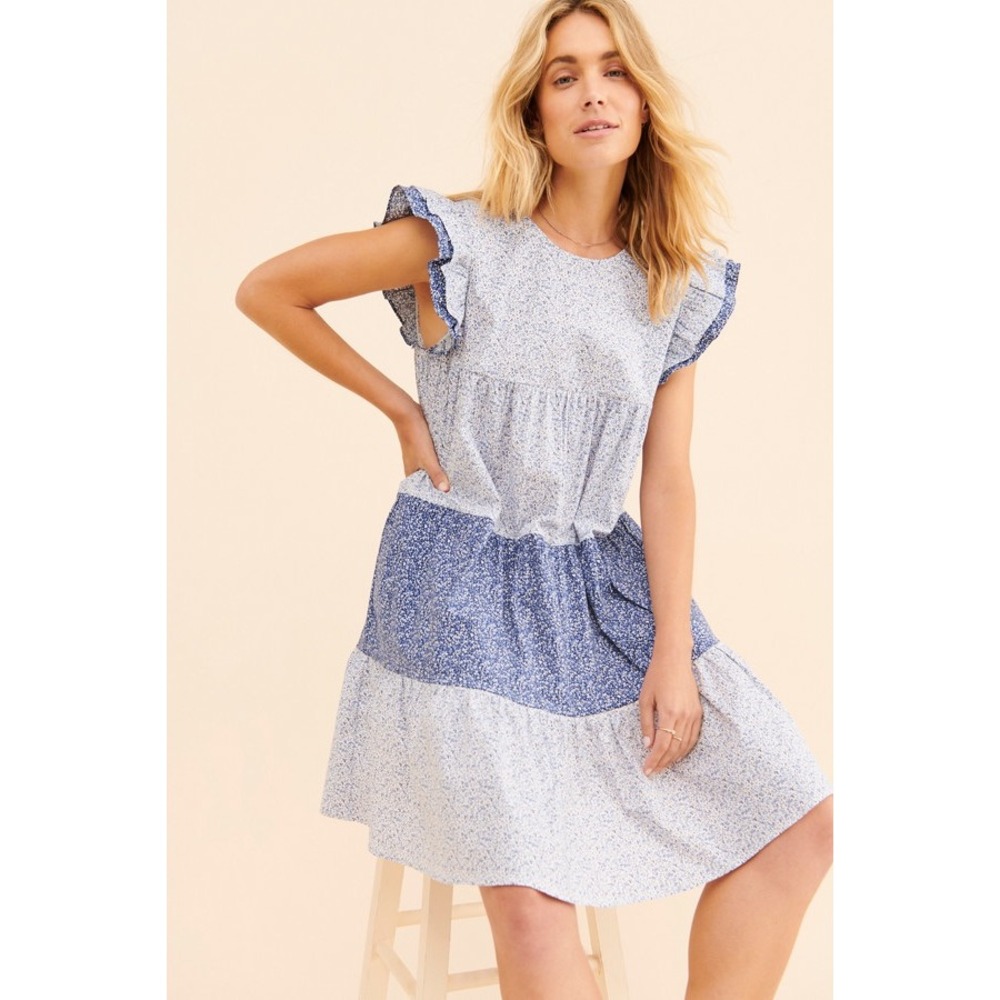 English Factory Blue Floral Tiered Mini Dress Ruffle Sleeve HN248D Womens XS NEW